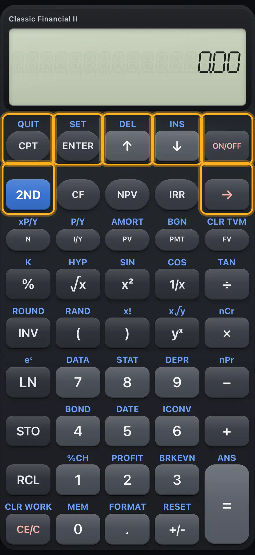 Control keys and the arrow keys. The display shows:              0.00.