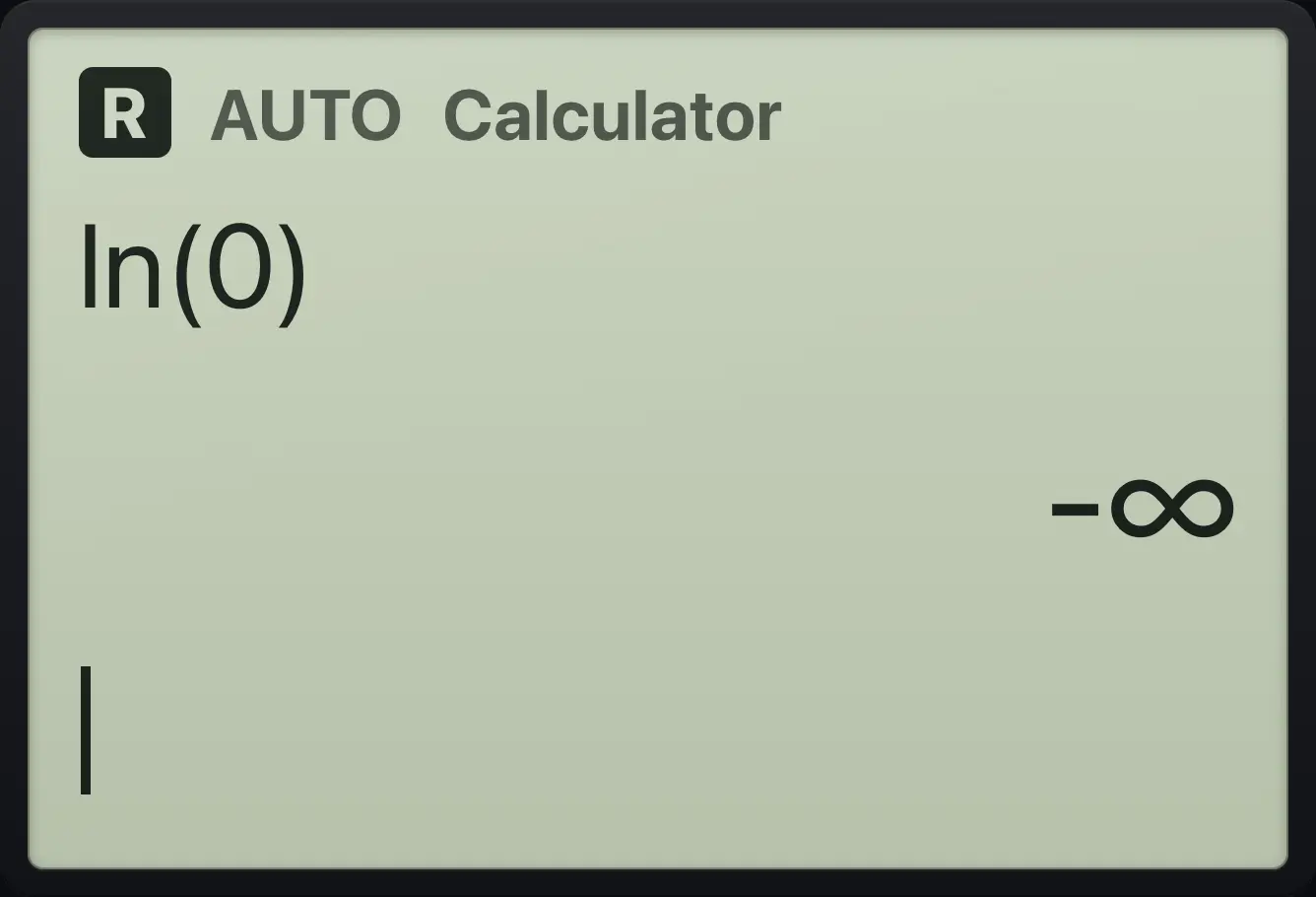 Result of the example "Log of zero" The display shows: ln(0) / -∞.
