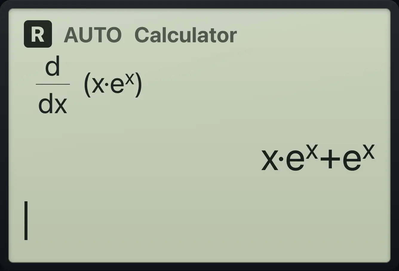 Result of the example "Product rule" The display shows: d/dx(x·e^x) / x·e^x+e^x.