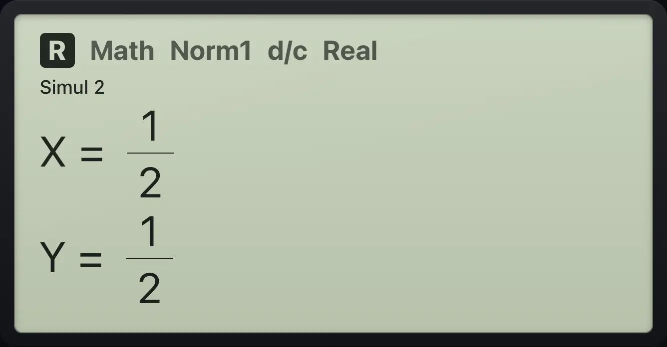 Result of the example "Fractional solutions" The display shows: Simul 2 / X=1/2 / Y=1/2.