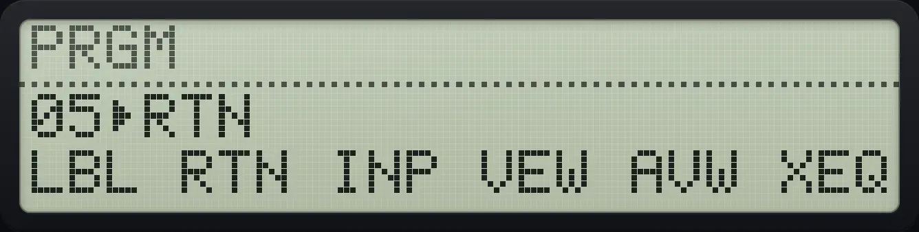 After step 1: Turn on PRGM mode and record a label, then x squared, then pi, then multiply and return. The display shows: 05▸RTN / LBL RTN INP VEW AVW XEQ.
