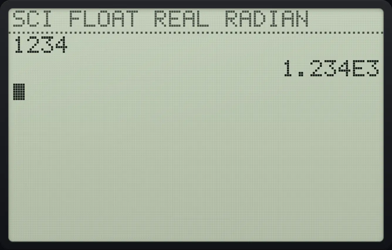 Result of the example "Scientific notation" The display shows: 1234 / 1.234E3.