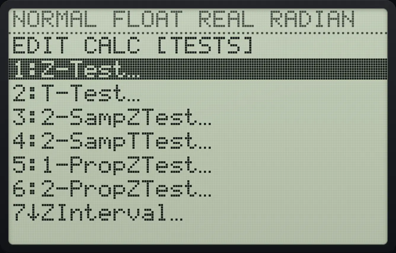 The TESTS tab. The display shows: EDIT CALC [TESTS] / 1:Z-Test… / 2:T-Test… / 3:2-SampZTest… / 4:2-SampTTest… / 5:1-PropZTest… / 6:2-PropZTest… / 7↓ZInterval….