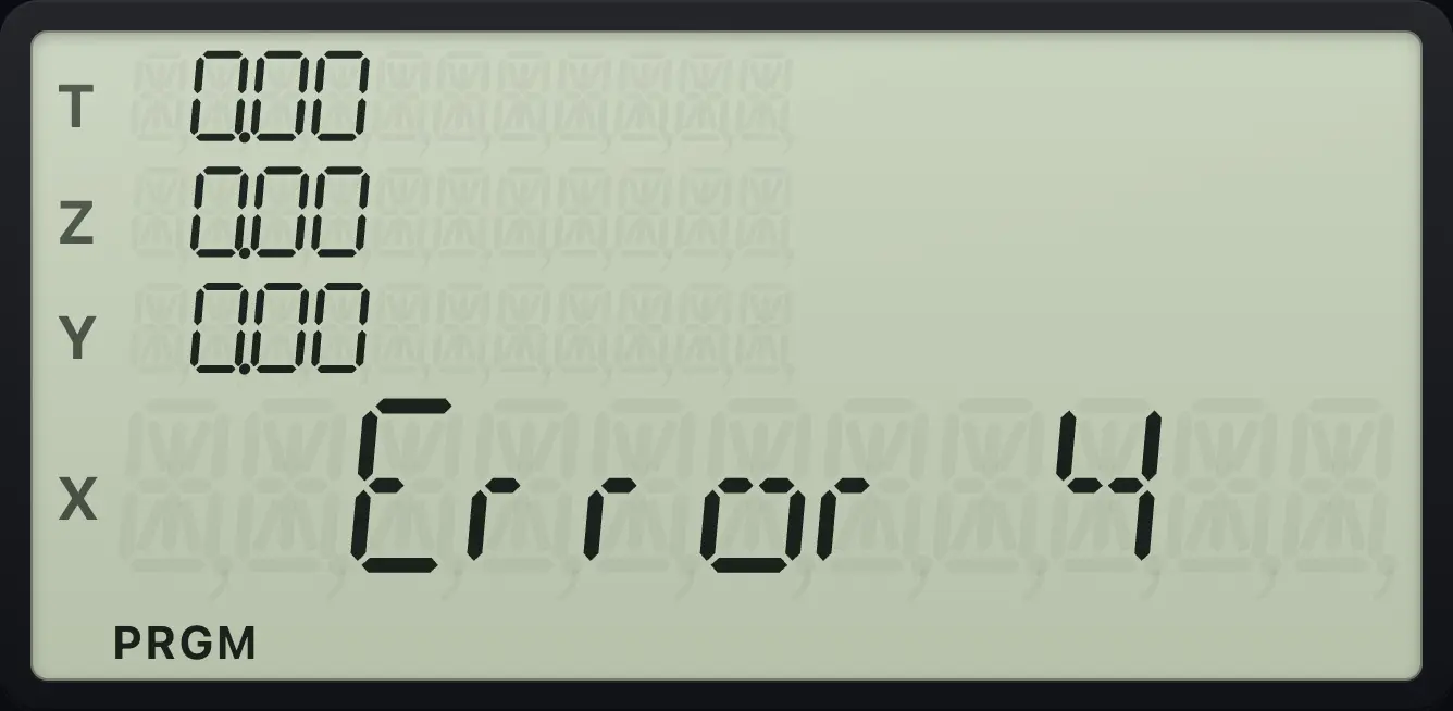 Result of the example "Too many lines" The display shows: Error 4 / 0.00 / 0.00 / 0.00 / 0.00.
