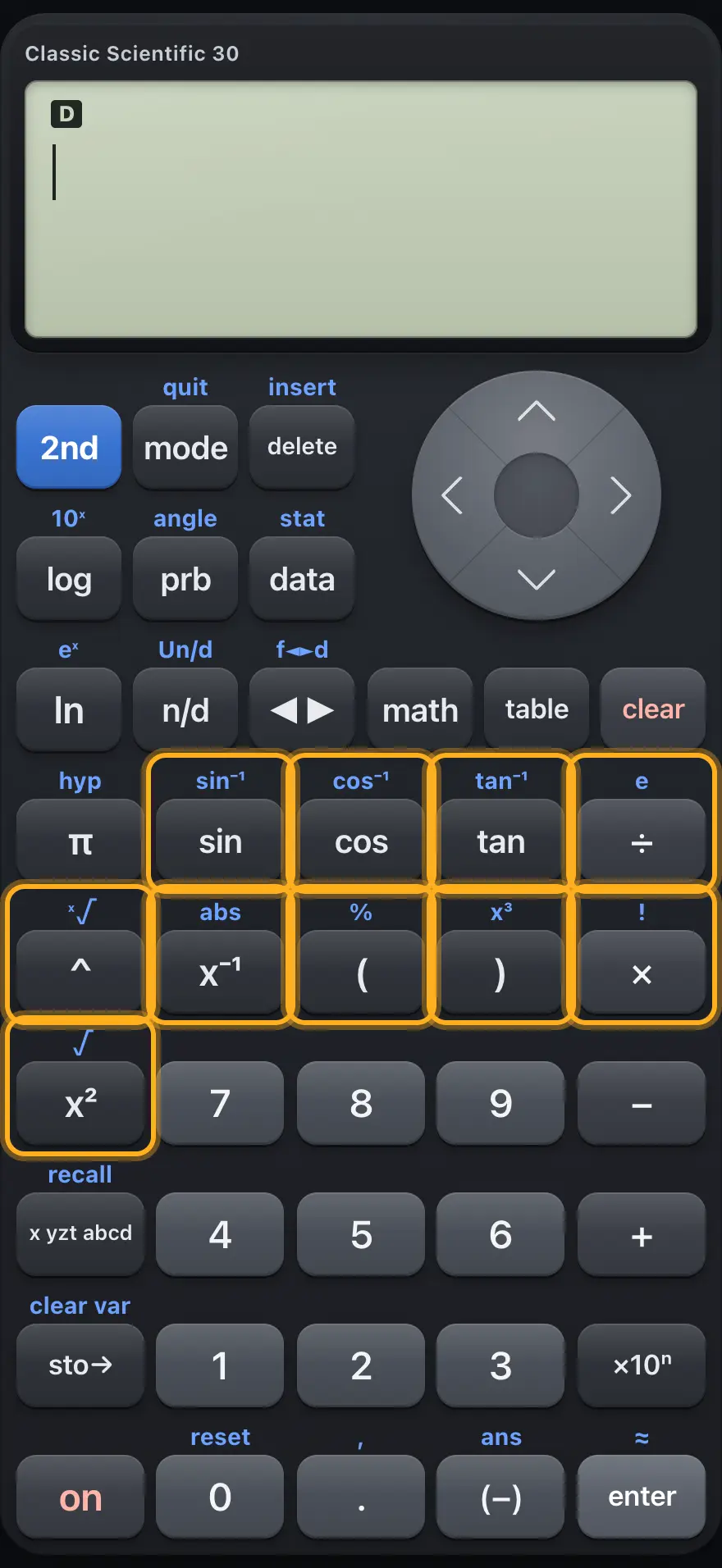 Trig, power and bracket keys.