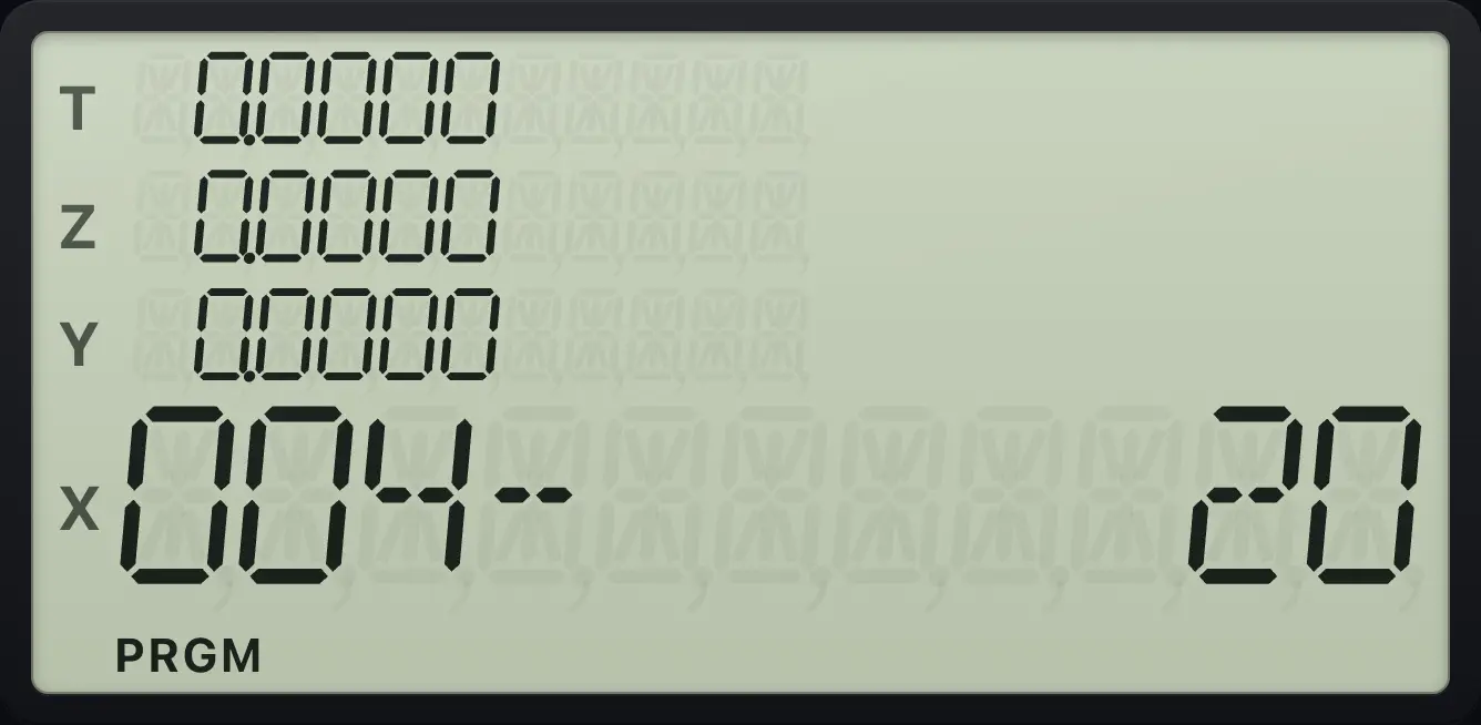 Program mode after recording LBL A, x², π, ×: the display shows line 005. The display shows: 004-     20 /  0.0000 /  0.0000 /  0.0000 /  0.0000.