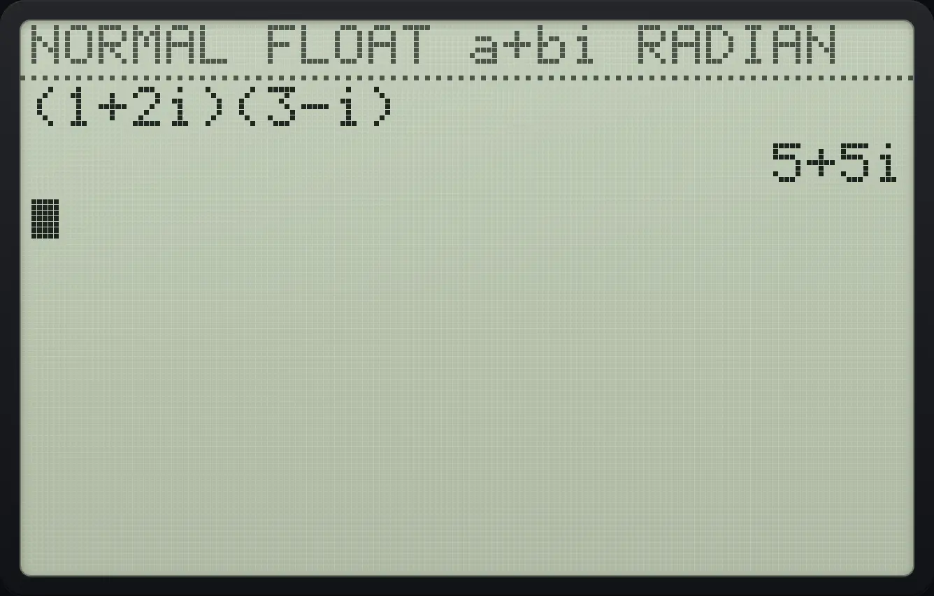 Result of the example "Multiply" The display shows: (1+2i)(3−i) / 5+5i.