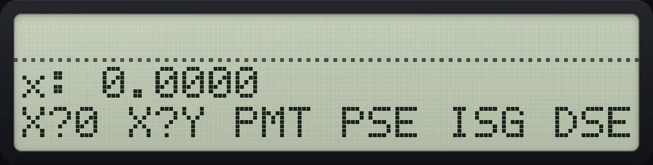 PGM.FCN page 2: the test menus, PROMPT, PSE, ISG and DSE. The display shows: x: 0.0000 / X?0 X?Y PMT PSE ISG DSE.