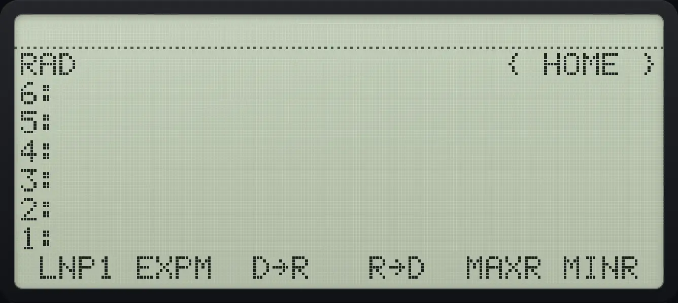 MTH page 5: LNP1, EXPM, D→R, R→D, MAXR, MINR. The display shows: RAD { HOME } / 6: / 5: / 4: / 3: / 2: / 1: / LNP1 EXPM D→R R→D MAXR MINR .