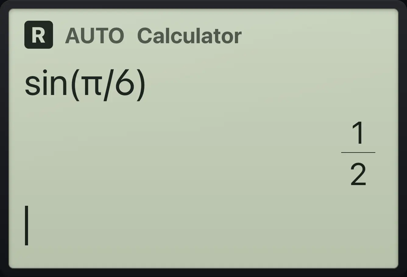 Result of the example "Sine of pi over six" The display shows: sin(π/6) / 1/2.
