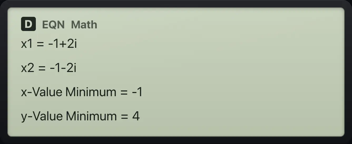 Result of the example "Complex roots" The display shows: x1=-1+2i / x2=-1-2i / x-Value Minimum=-1 / y-Value Minimum=4.