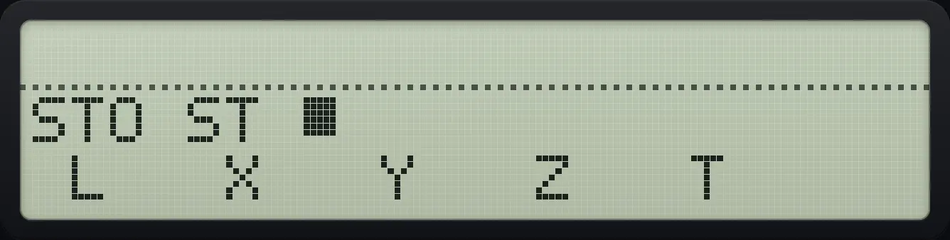 The ST prompt: choose a stack level with the top-row keys. The display shows: STO ST _ / L X Y Z T .
