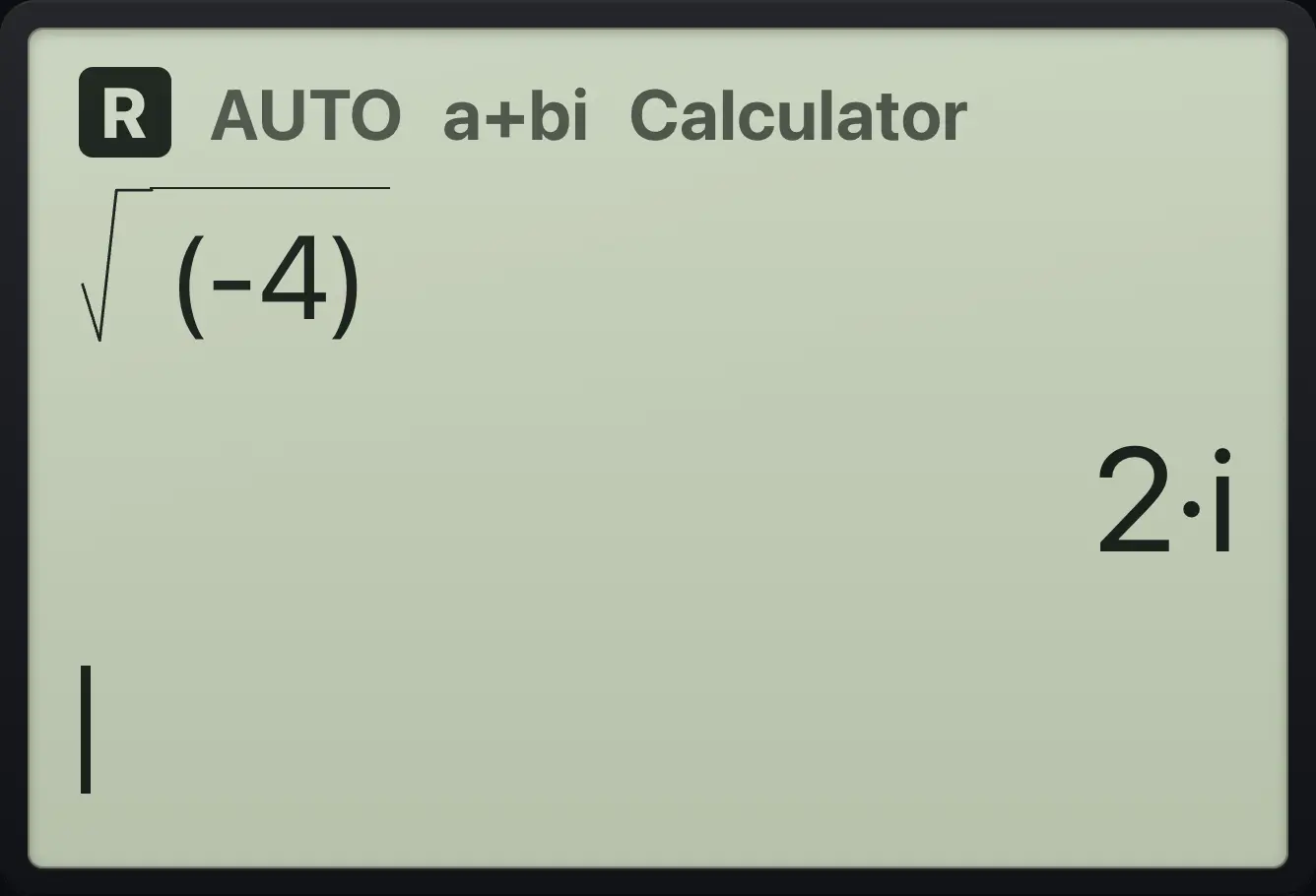 Result of the example "Rectangular mode" The display shows: √((-4)) / 2·i.