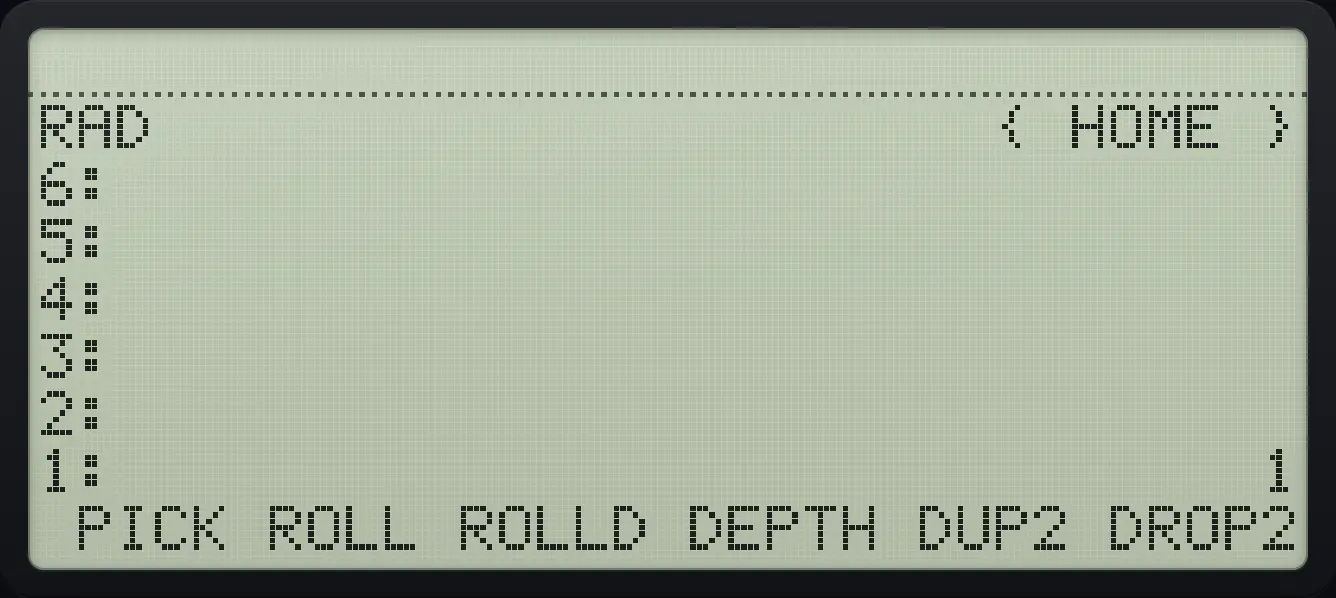 Result of the example "Remove two objects" The display shows: RAD { HOME } / 6: / 5: / 4: / 3: / 2: / 1: 1 / PICK ROLL ROLLD DEPTH DUP2 DROP2.