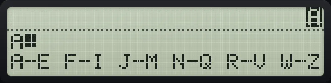 Result of the example "Delete a character" The display shows: A_ / A-E F-I J-M N-Q R-V W-Z.