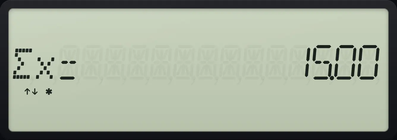 Result of the example "Sum of x" The display shows: Σx= 15.00.