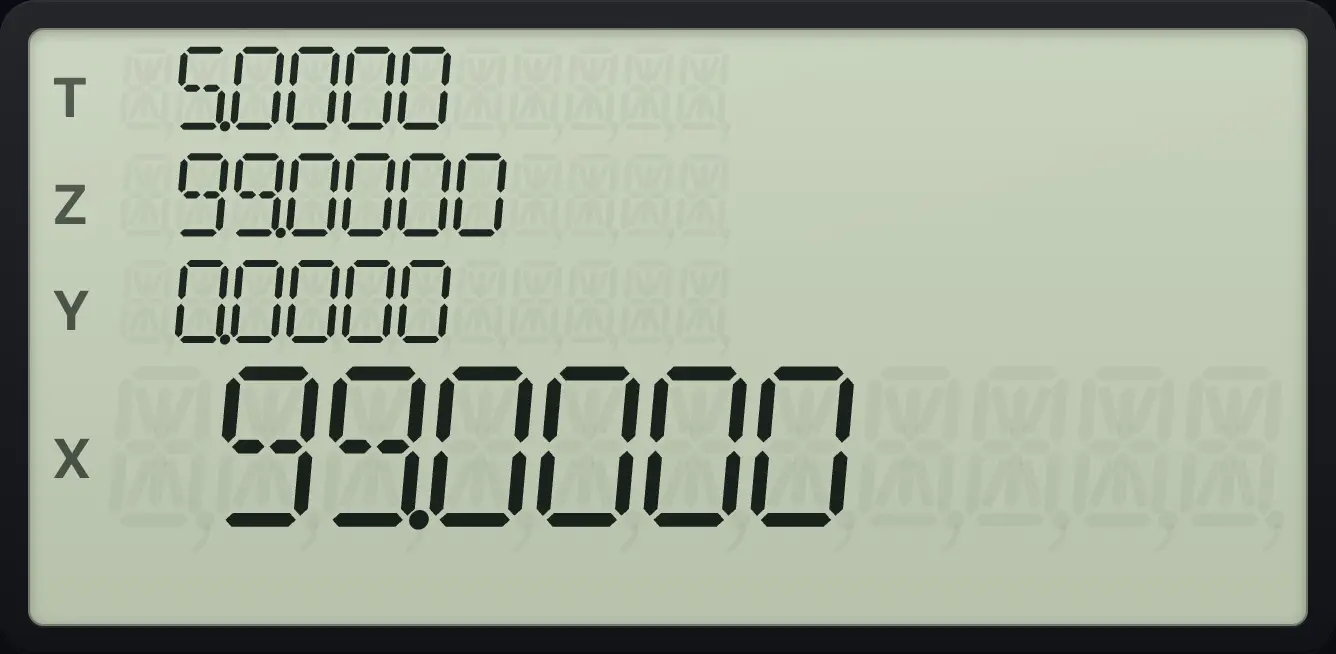 Result of the example "Store through I" The display shows: 5.0000 / 99.0000 / 0.0000 / 99.0000.
