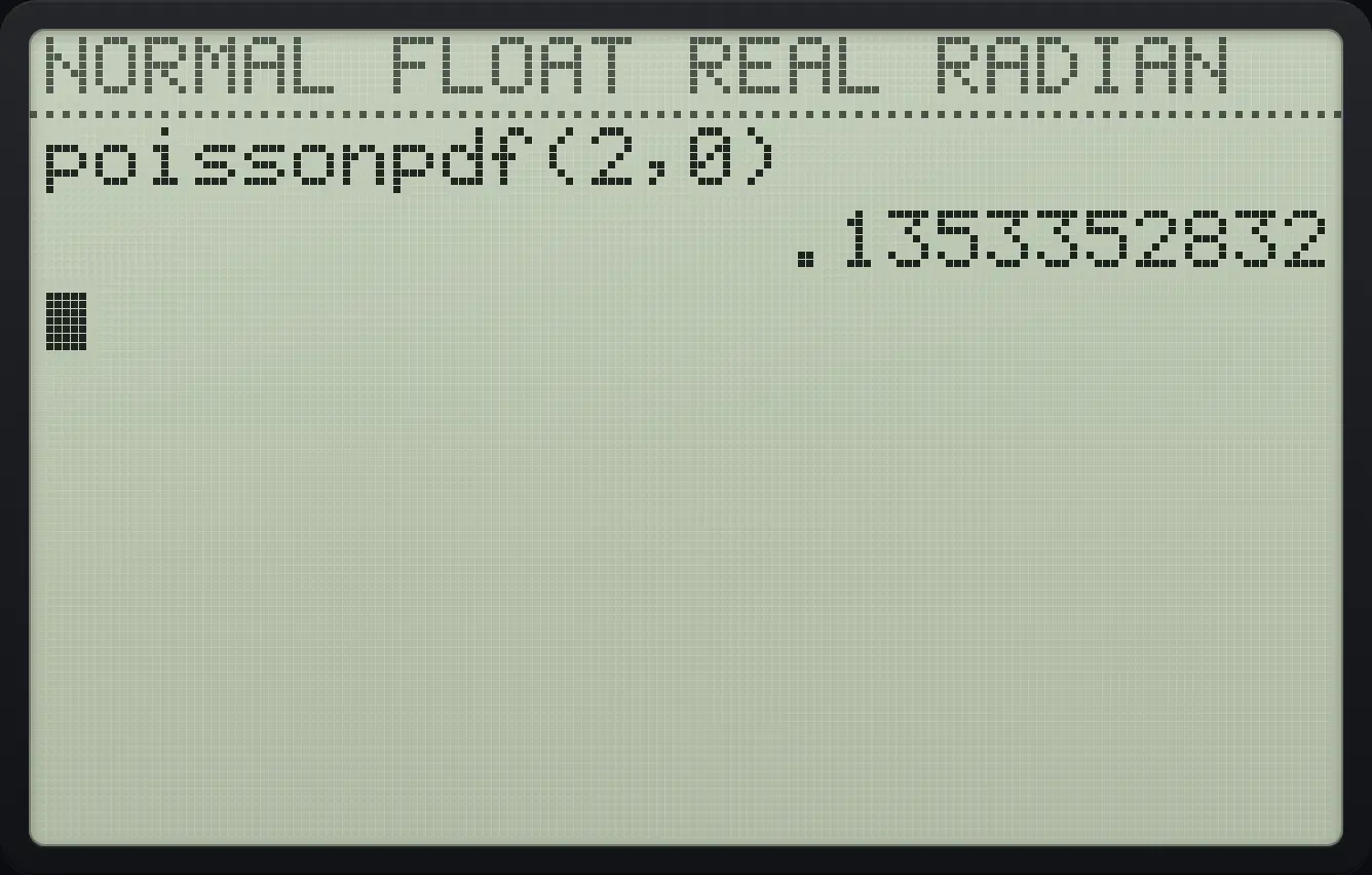 Result of the example "Poisson probability" The display shows: poissonpdf(2,0) / .1353352832.