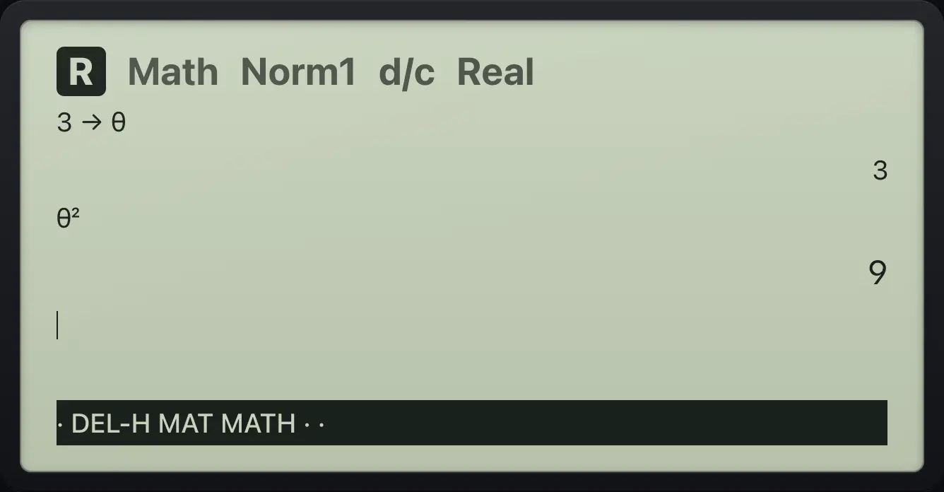 Result of the example "The θ variable" The display shows: 3→θ / 3 / θ² / 9 / · DEL-H MAT MATH · ·.