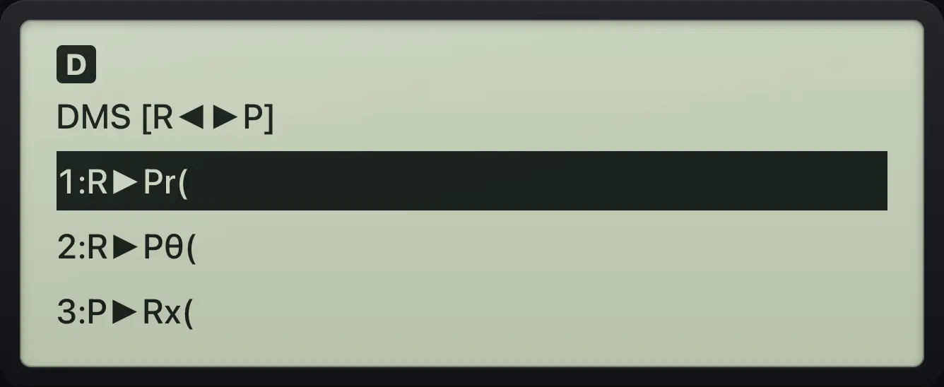 The R◄►P tab. The display shows: DMS [R◄►P] / 1:R►Pr( / 2:R►Pθ( / 3:P►Rx(.