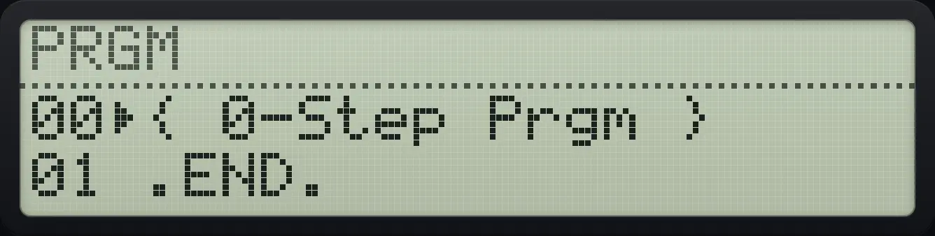 PRGM mode on an empty memory. The display shows: 00▸{ 0-Step Prgm } / 01 .END..