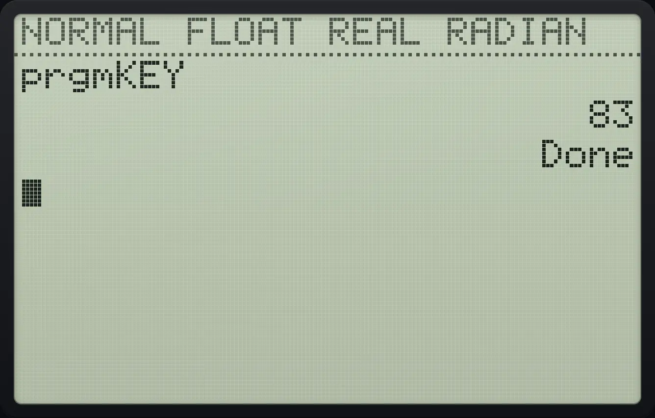 Result of the example "Show the code of a key" The display shows: prgmKEY / 83 / Done.
