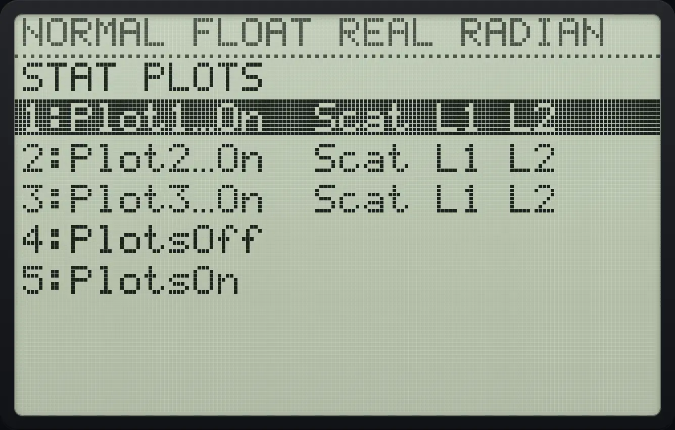 Result of the example "PlotsOn" The display shows: STAT PLOTS / 1:Plot1…On  Scat L1 L2 / 2:Plot2…On  Scat L1 L2 / 3:Plot3…On  Scat L1 L2 / 4:PlotsOff / 5:PlotsOn.