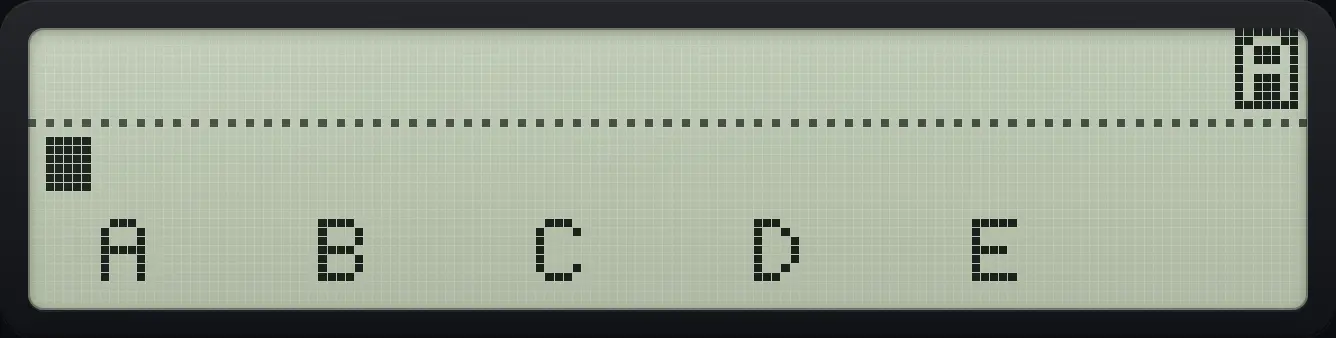 After picking the first group the five letters A to E appear on the menu keys. The display shows: _ / A B C D E .