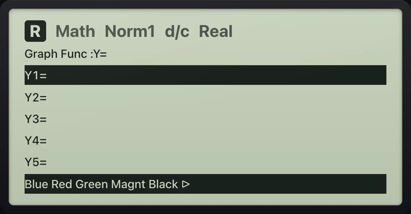 The color menu The display shows: Graph Func :Y= / Y1= / Y2= / Y3= / Y4= / Y5= / Blue Red Green Magnt Black ▷.