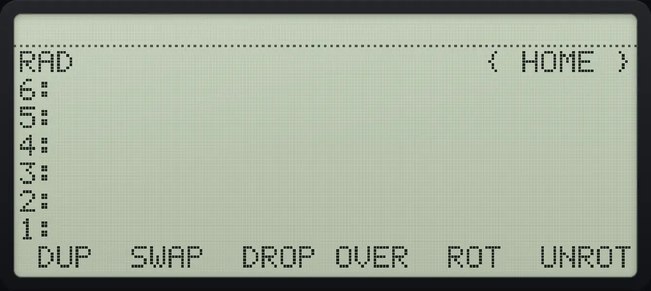 STACK page 1: DUP, SWAP, DROP, OVER, ROT, UNROT. The display shows: RAD { HOME } / 6: / 5: / 4: / 3: / 2: / 1: / DUP SWAP DROP OVER ROT UNROT.