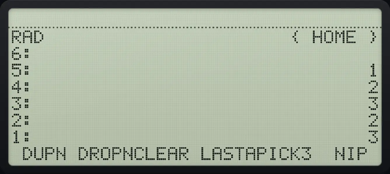 Result of the example "Copy the top three objects with DUPN" The display shows: RAD { HOME } / 6: / 5: 1 / 4: 2 / 3: 3 / 2: 2 / 1: 3 / DUPN DROPNCLEAR LASTAPICK3 NIP .