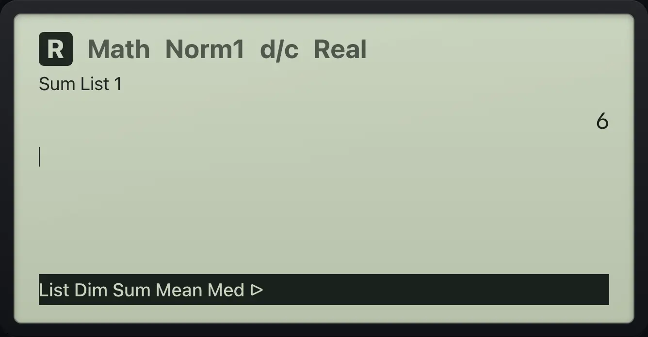 Result of the example "Lists are shared with Run-Matrix" The display shows: Sum List 1 / 6 / List Dim Sum Mean Med ▷.