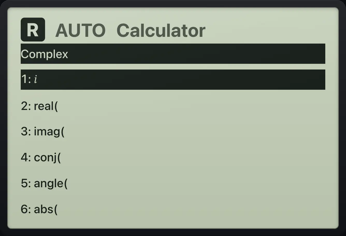 The Complex menu. The display shows: Complex / 1: π / 2: real( / 3: imag( / 4: conj( / 5: angle( / 6: abs(.