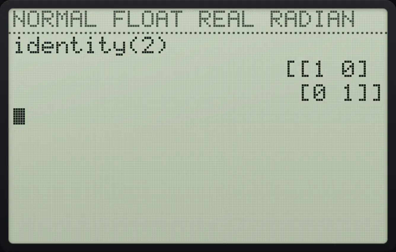Result of the example "Identity matrix" The display shows: identity(2) / [[1 0]  /  [0 1]].