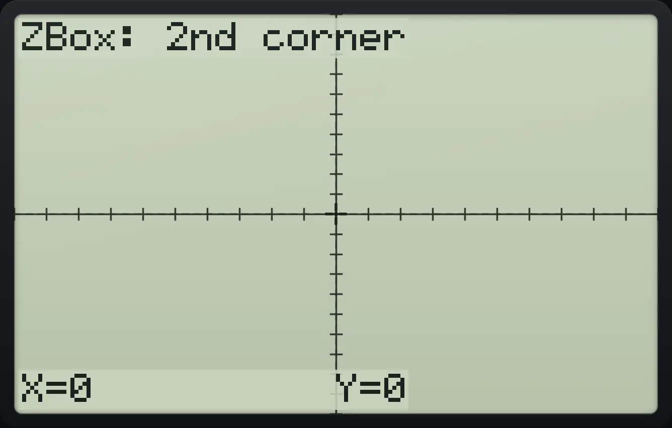 After step 1: Press zoom, 1 (ZBox) and enter at the starting corner. The display shows: ZBox: 2nd corner / X=0 Y=0.