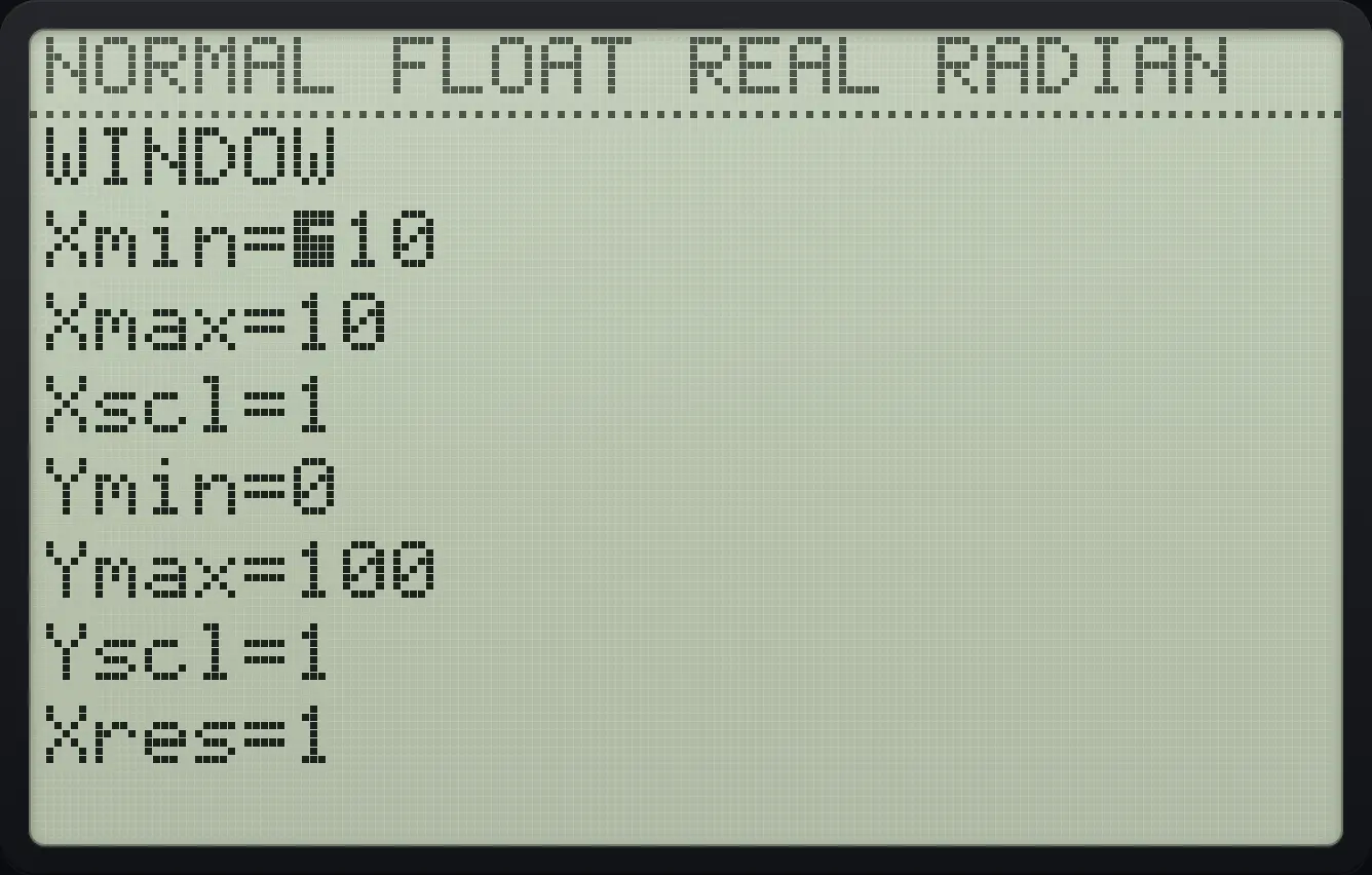 Result of the example "ZoomFit" The display shows: WINDOW / Xmin=⁻10 / Xmax=10 / Xscl=1 / Ymin=0 / Ymax=100 / Yscl=1 / Xres=1.
