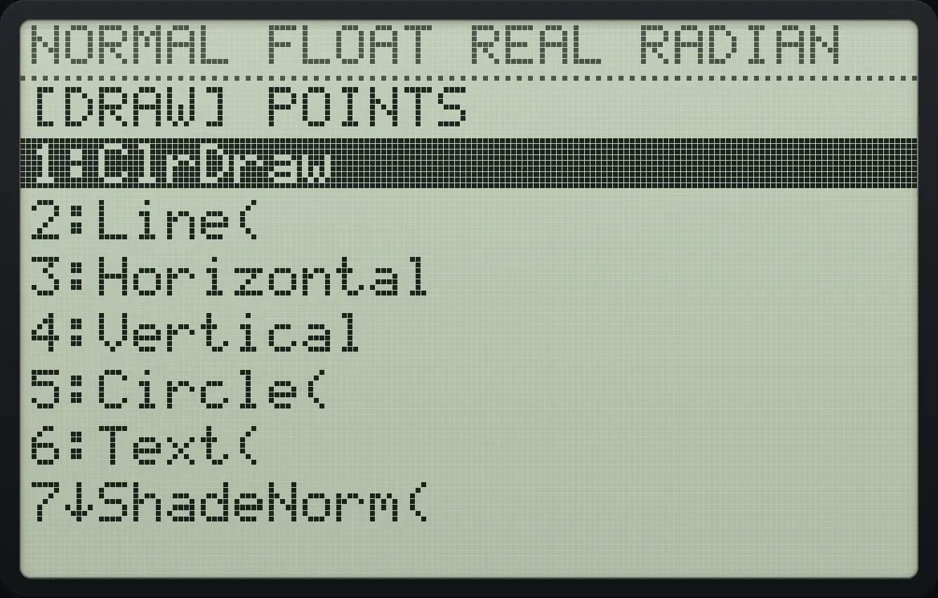 The DRAW tab. The display shows: [DRAW] POINTS / 1:ClrDraw / 2:Line( / 3:Horizontal / 4:Vertical / 5:Circle( / 6:Text( / 7↓ShadeNorm(.