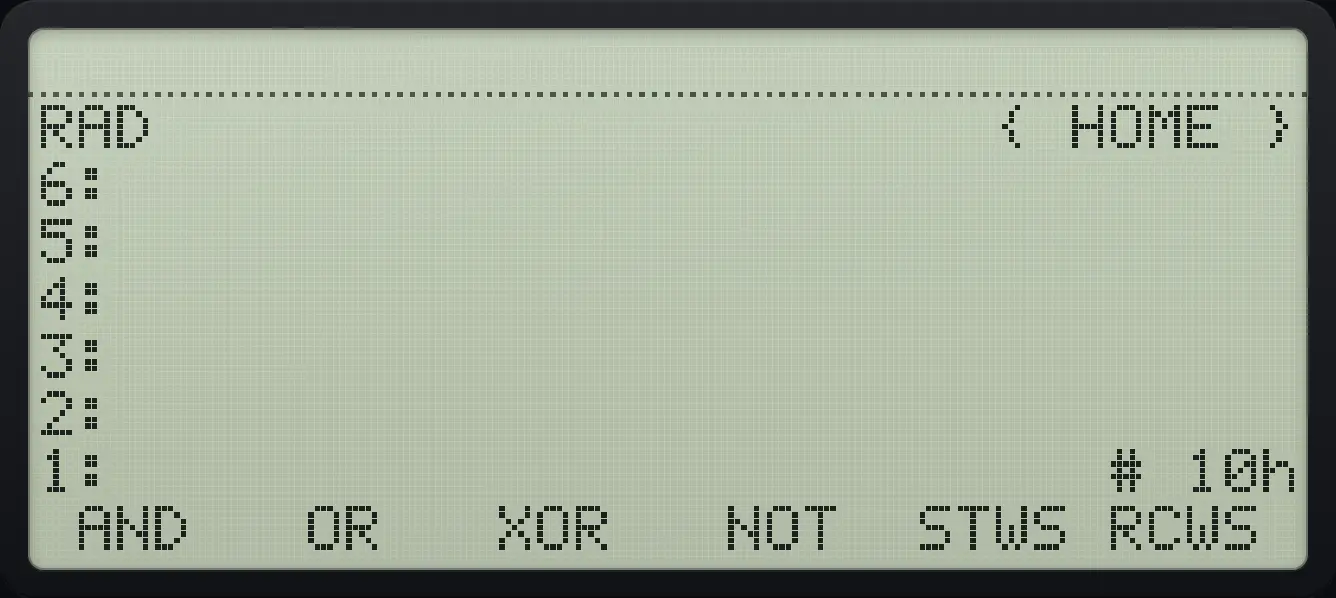 Result of the example "AND of two hexadecimal numbers" The display shows: RAD { HOME } / 6: / 5: / 4: / 3: / 2: / 1: # 10h / AND OR XOR NOT STWS RCWS .
