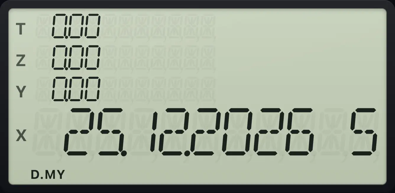 Result of the example "Add days in day-first format" The display shows: 25.12.2026 5 / 0.00 / 0.00 / 0.00 / 25.12.