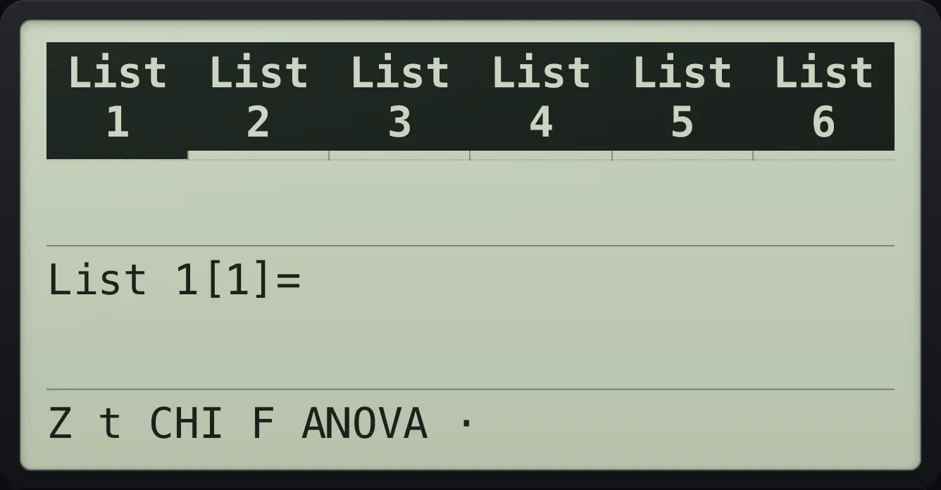 The TEST bar The display shows: List 1 | List 2 | List 3 | List 4 | List 5 | List 6 /  |  |  |  |  |  / List 1[1]= / Z t CHI F ANOVA ·.
