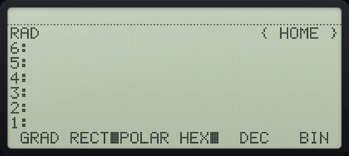 MODE page 2: GRAD, RECT, POLAR, HEX, DEC, BIN. The display shows: RAD { HOME } / 6: / 5: / 4: / 3: / 2: / 1: / GRAD RECT■POLAR HEX■ DEC BIN .