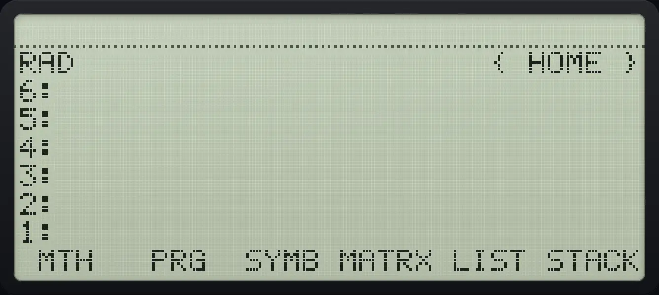 The APPS menu, page 1: press a soft key to open that menu. The display shows: RAD                      { HOME } / 6: / 5: / 4: / 3: / 2: / 1: /  MTH   PRG  SYMB MATRX LIST STACK.
