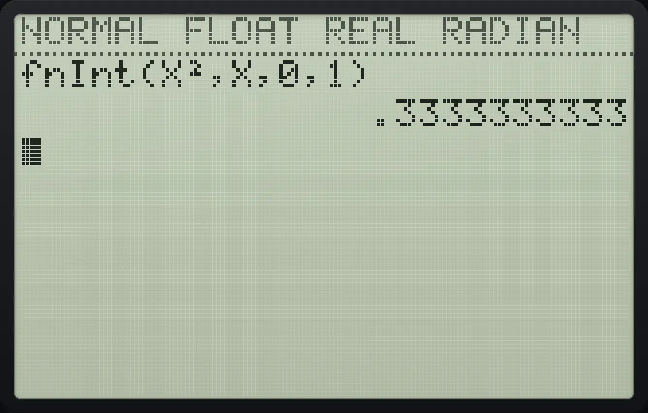 Result of the example "Integral of x² from 0 to 1" The display shows: fnInt(X²,X,0,1) / .3333333333.