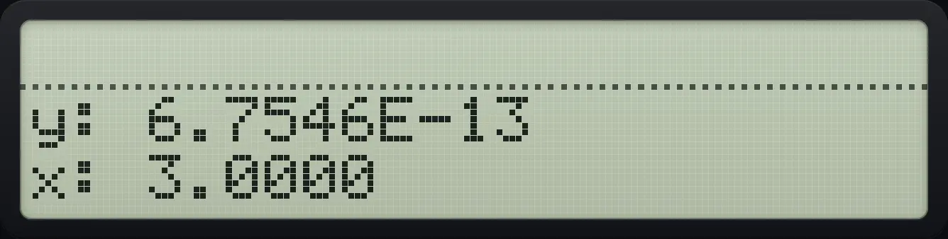 Result of the example "The answer and the error estimate on the stack" The display shows: y: 6.7546E-13 / x: 3.0000.