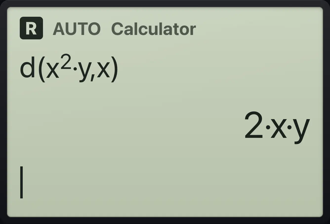Result of the example "Partial derivative" The display shows: d(x^2·y,x) / 2·x·y.