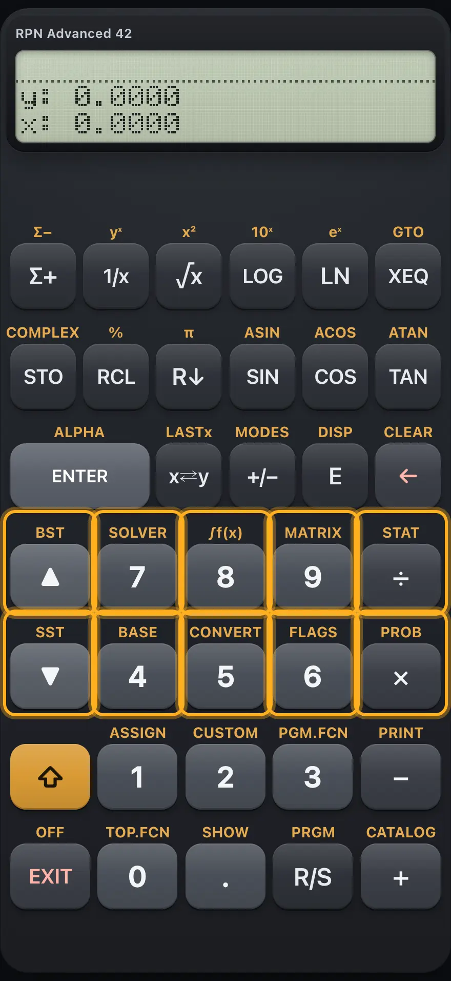 The arrow keys, the upper digits and the divide and multiply keys. The display shows: y: 0.0000 / x: 0.0000.
