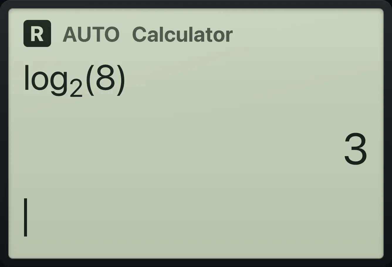 Result of the example "Log with another base" The display shows: log_2(8) / 3.