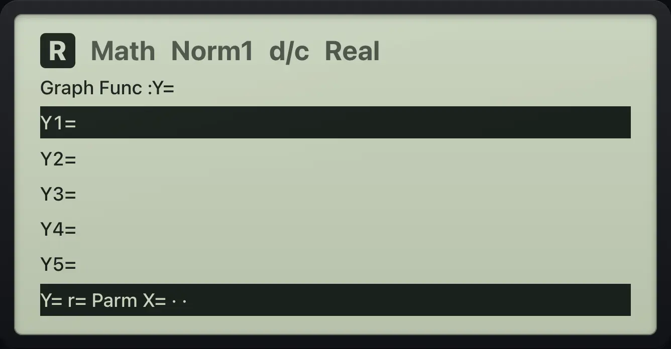 The TYPE bar The display shows: Graph Func :Y= / Y1= / Y2= / Y3= / Y4= / Y5= / Y= r= Parm X= · ·.