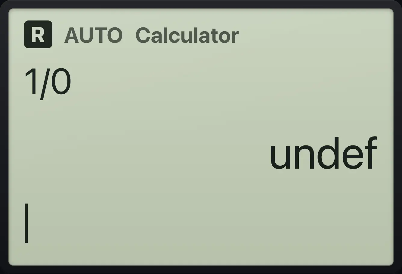 Result of the example "Division by zero gives undef" The display shows: 1/0 / undef.