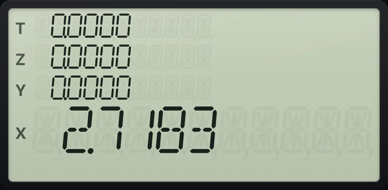 Result of the example "e to the power 1" The display shows: 0.0000 / 0.0000 / 0.0000 / 2.7183.
